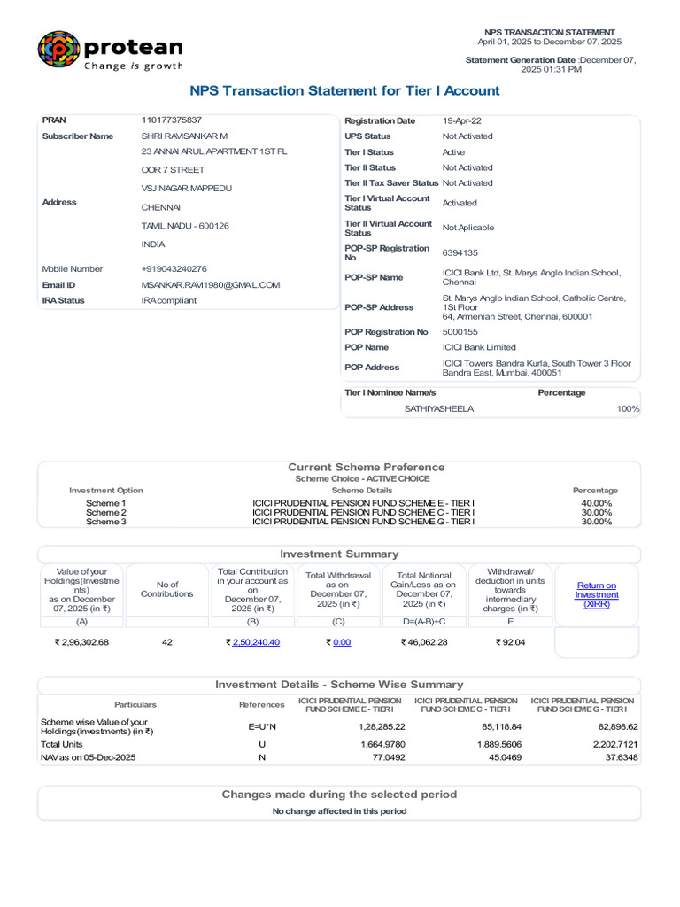 NPS Transaction Statement For Tier I Account: Pran Registration Date | PDF