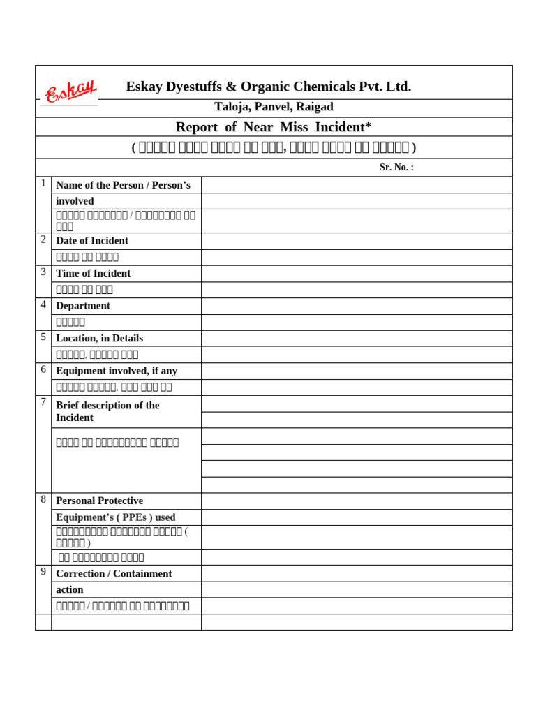 Near Miss Incident Report Filled | PDF