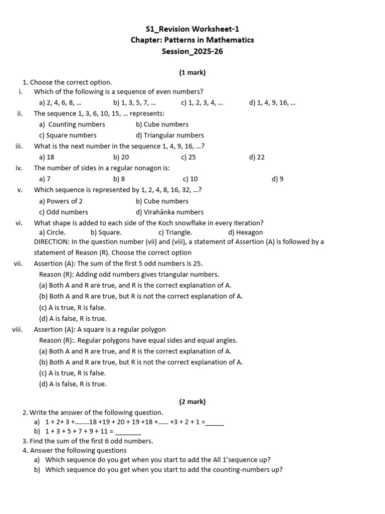 S1 - Rev Worksheet - Patterns and Data Handling - 25-26 | PDF