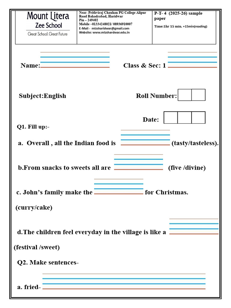 Class 1 English Sample Paper | PDF