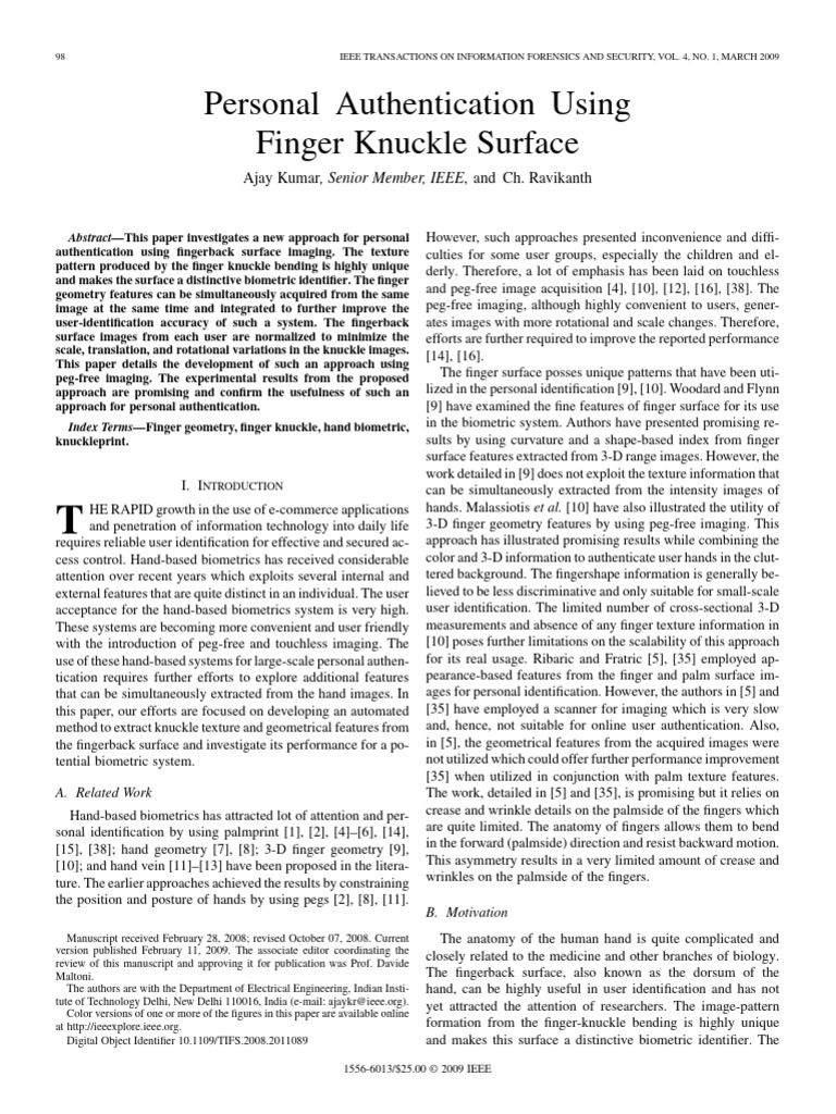 Personal Authentication Using Finger Knu | PDF