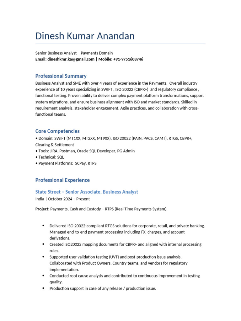 Dinesh Kumar Anandan Senior BA Resume | PDF