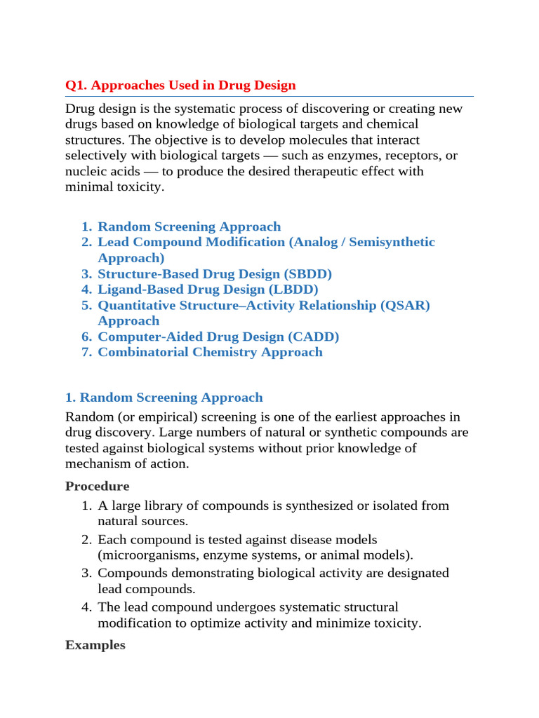 Q1. Approaches Used in Drug Design | PDF