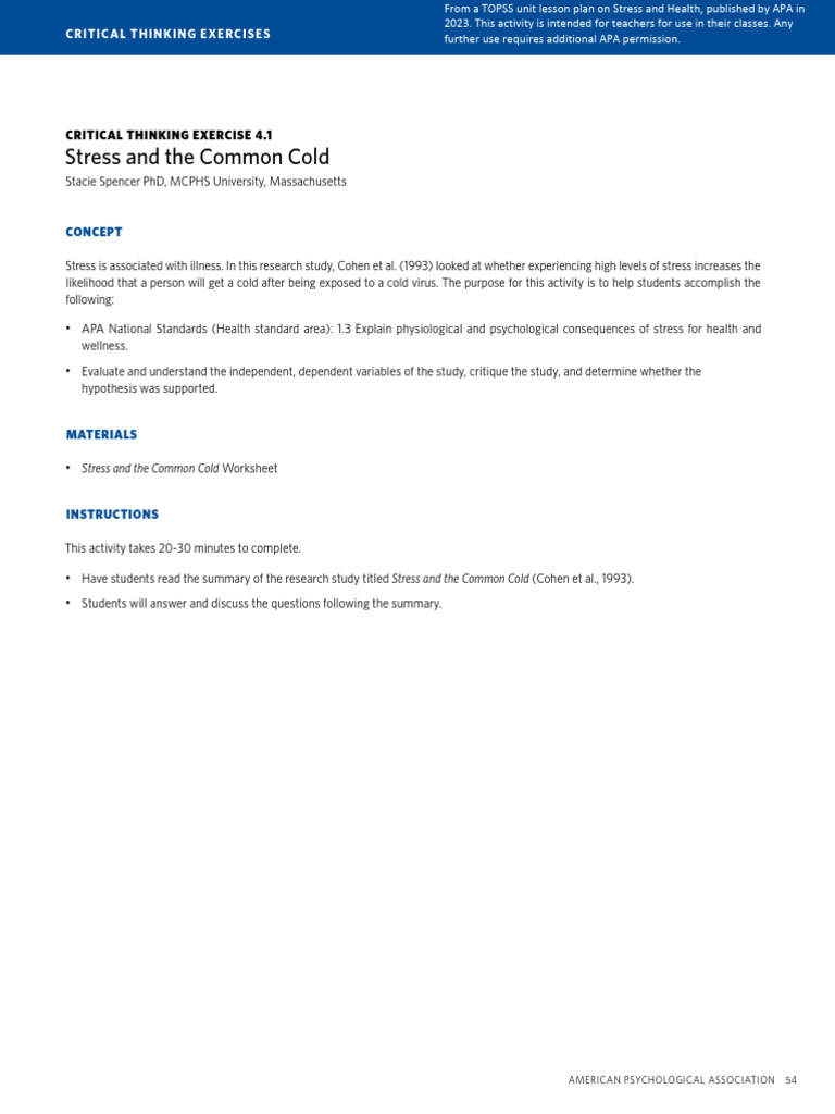 Critical Thinking Exercise Common Cold | PDF
