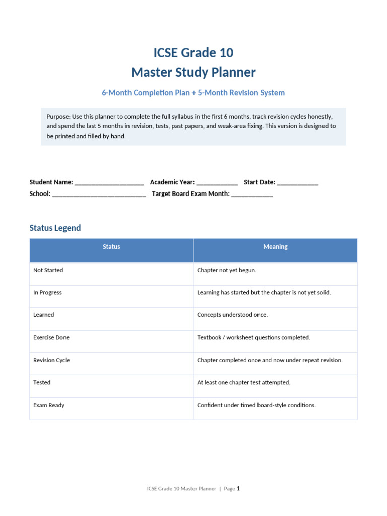 ICSE Grade10 Master Study Planner | PDF