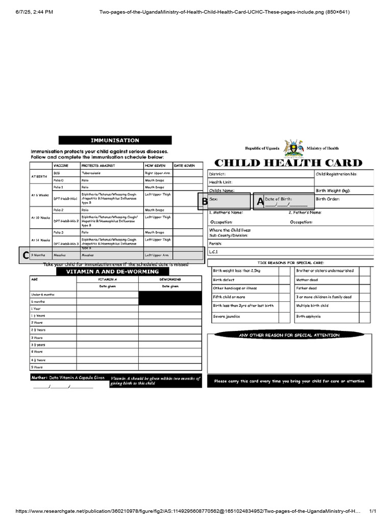 Two Pages of The UgandaMinistry of Health Child Health Card UCHC These ...