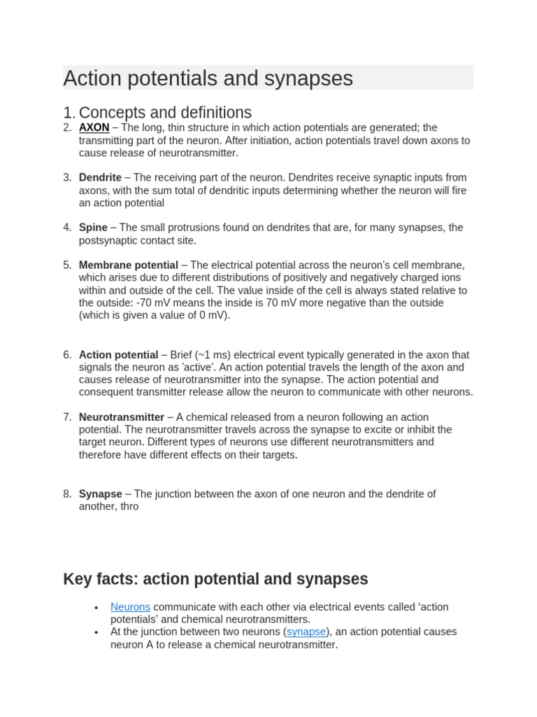 Action Potentials and Synapses | PDF | Chemical Synapse | Synapse