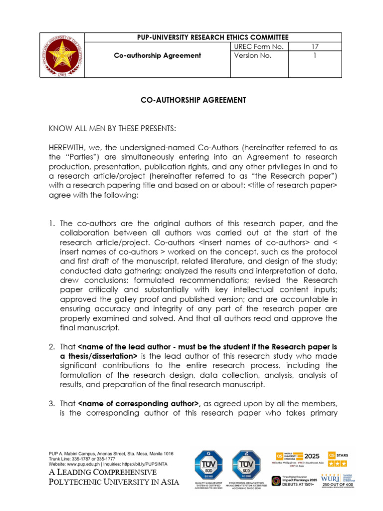 UREC Form 17 Co Authorship Agreement | PDF