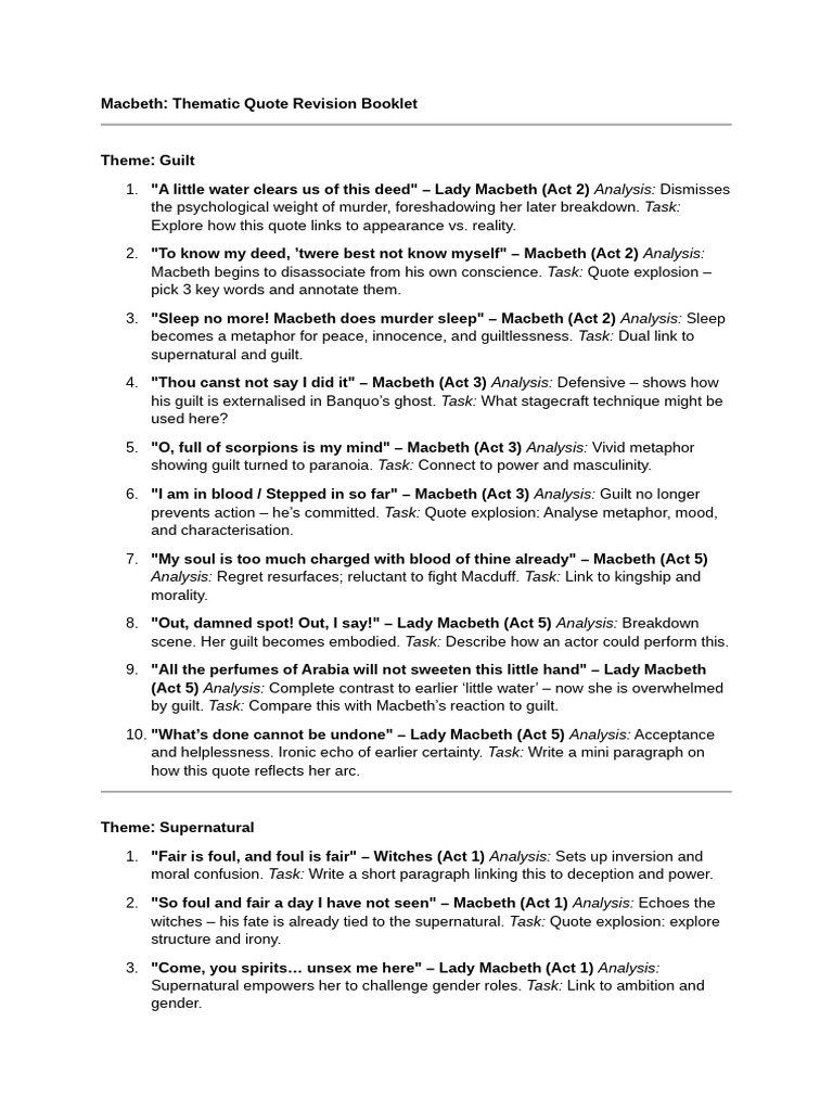 Macbeth Themes Quotes Booklet | PDF
