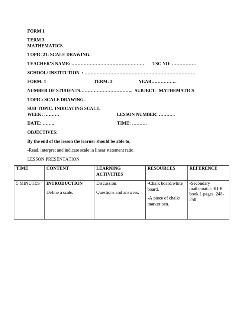 127 Scale Drawing Lesson Plans Form 1 Mathematics Term 3 Word Format | PDF