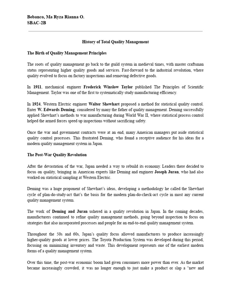 History of Total Quality Management | PDF | Quality Management | Lean ...