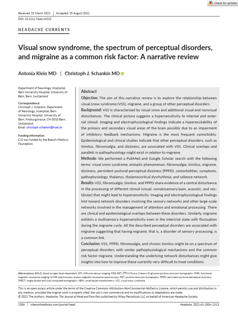 Headache - 2021 - Klein - Visual Snow Syndrome The Spectrum of ...