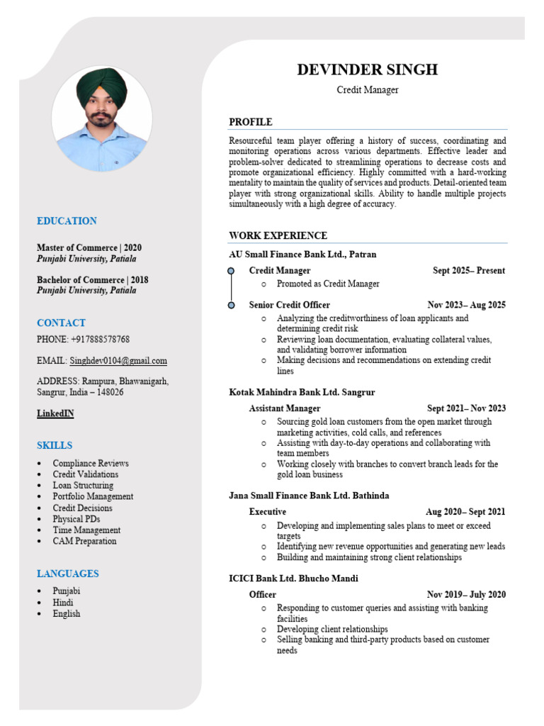 Devinder Singh CV | PDF | Credit | Finance & Money Management