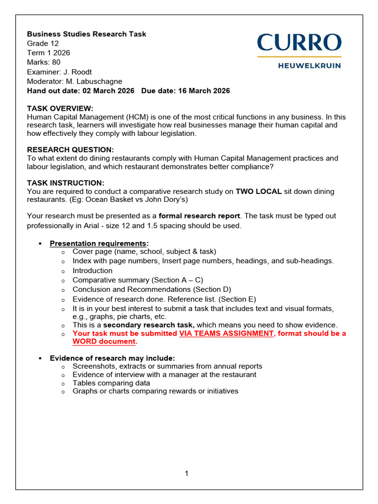 Grade 12 Business Research Task Term 1 | PDF