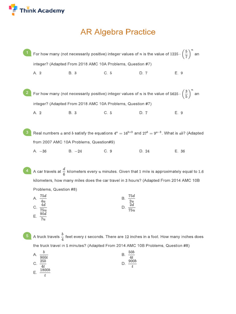 AMC 10 AR Algebra Practice | PDF