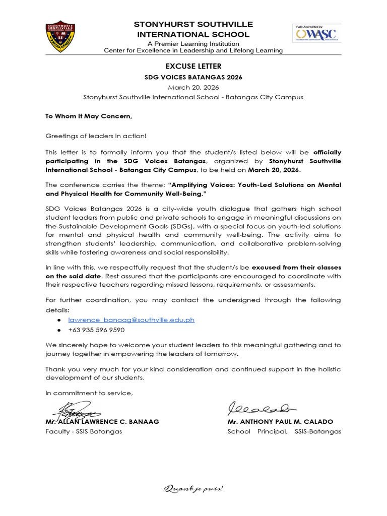 E. Excuse Letter SDG Voices Batangas 2026 | PDF