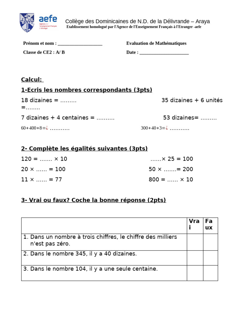Eval de Maths CE2 (Avril 2024) | PDF