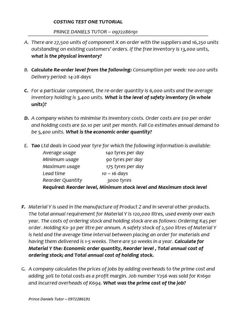 Costing Test One Tutorial | PDF