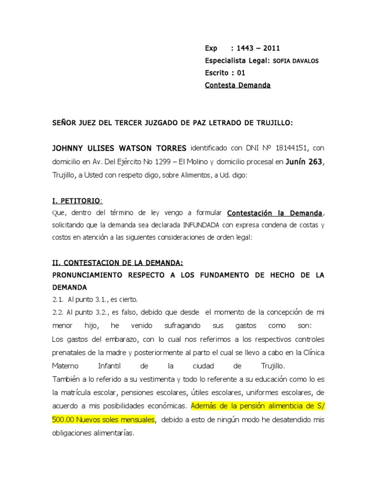 Modelo de Contestacion de Demanda de Alimentos