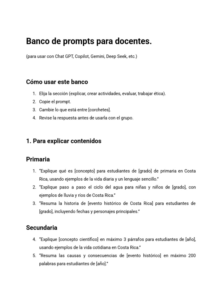 Banco de Prompts para Docentes | PDF | Inteligencia artificial ...