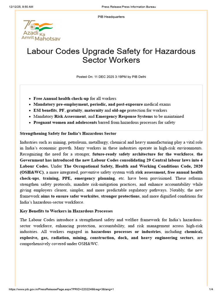 Pressreleaseon Labour Codes Upgrade Safetyfor Hazardous Sector Workers ...