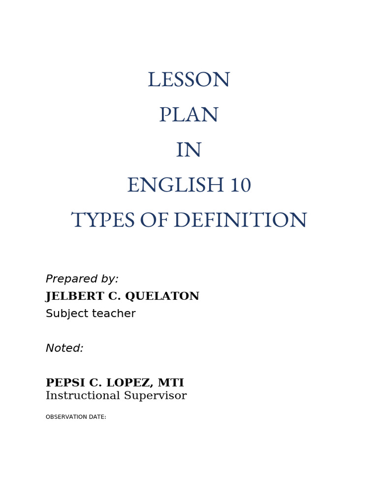 COT Demo Lesson Plan Types of Definition Final | PDF