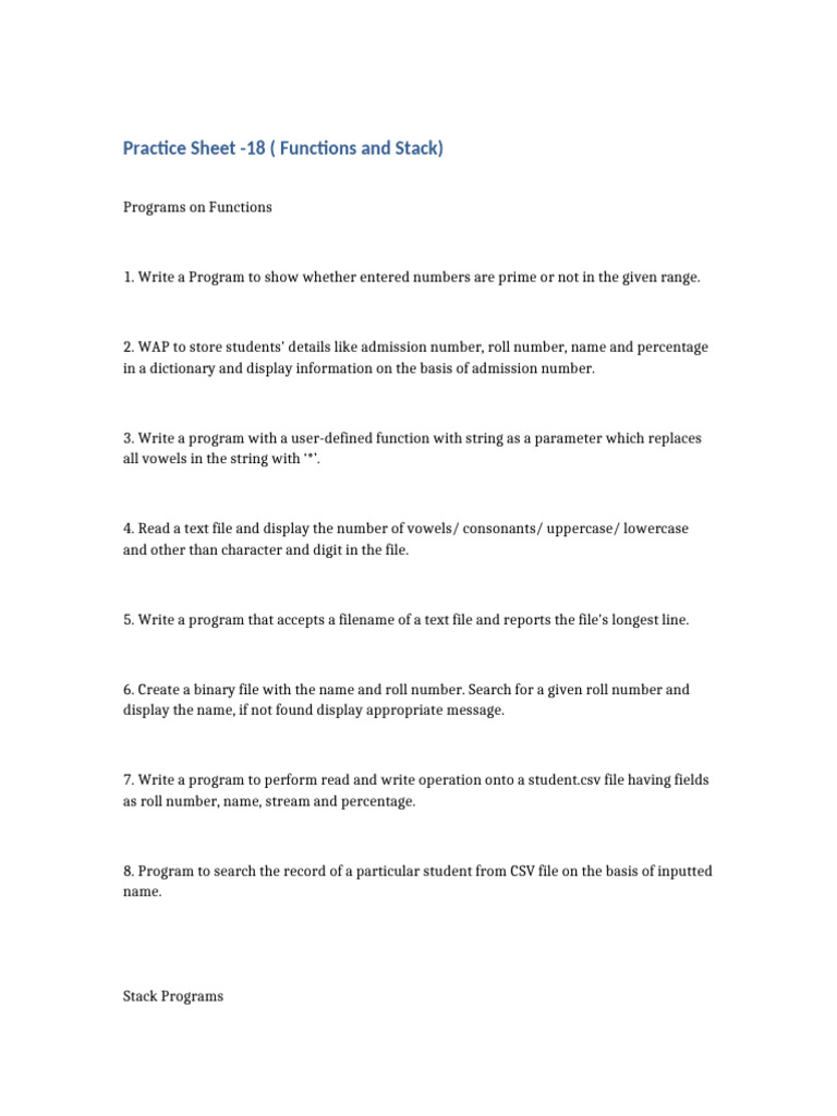 Practice Sheet 18 Functions and Stack | PDF
