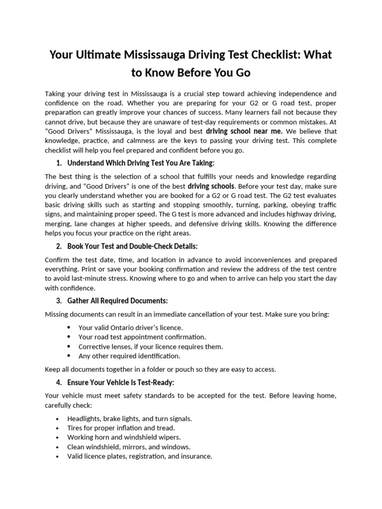 Your Ultimate Mississauga Driving Test Checklist | PDF