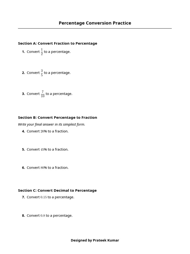Percentage Conversions Worksheet | PDF