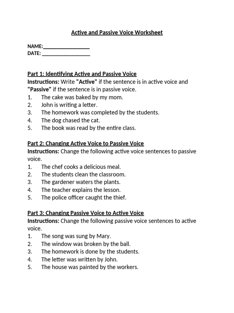 Active and Passive Voice Worksheet NAME | PDF