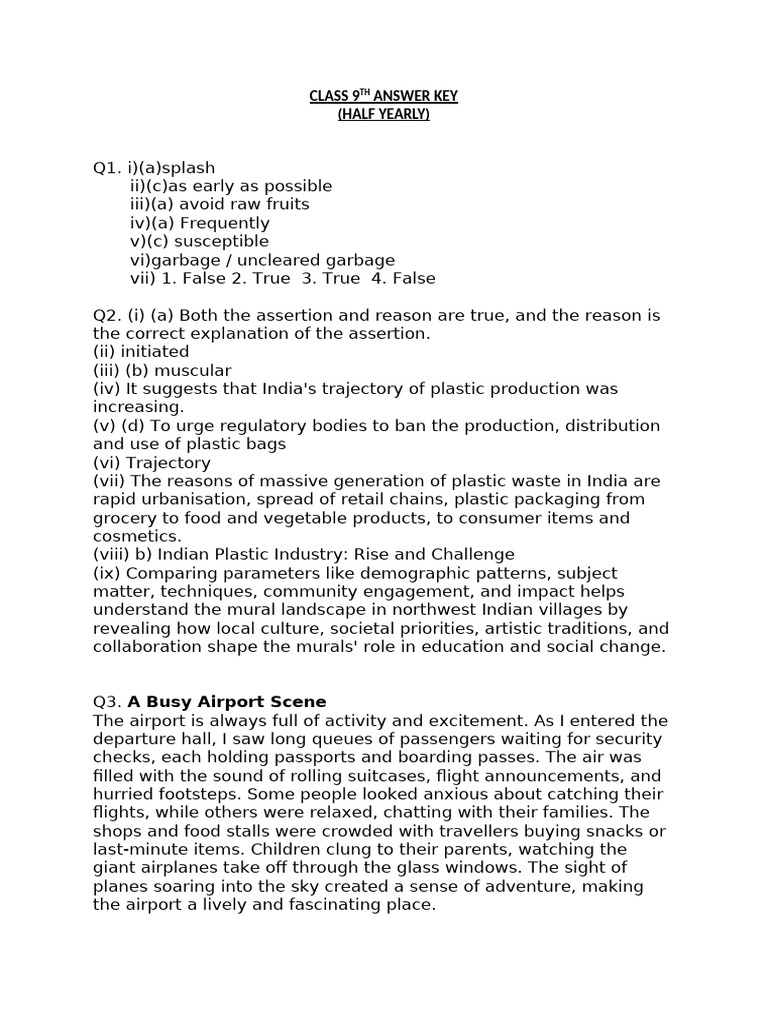 Class 9th Answer Key Half Yearly | PDF