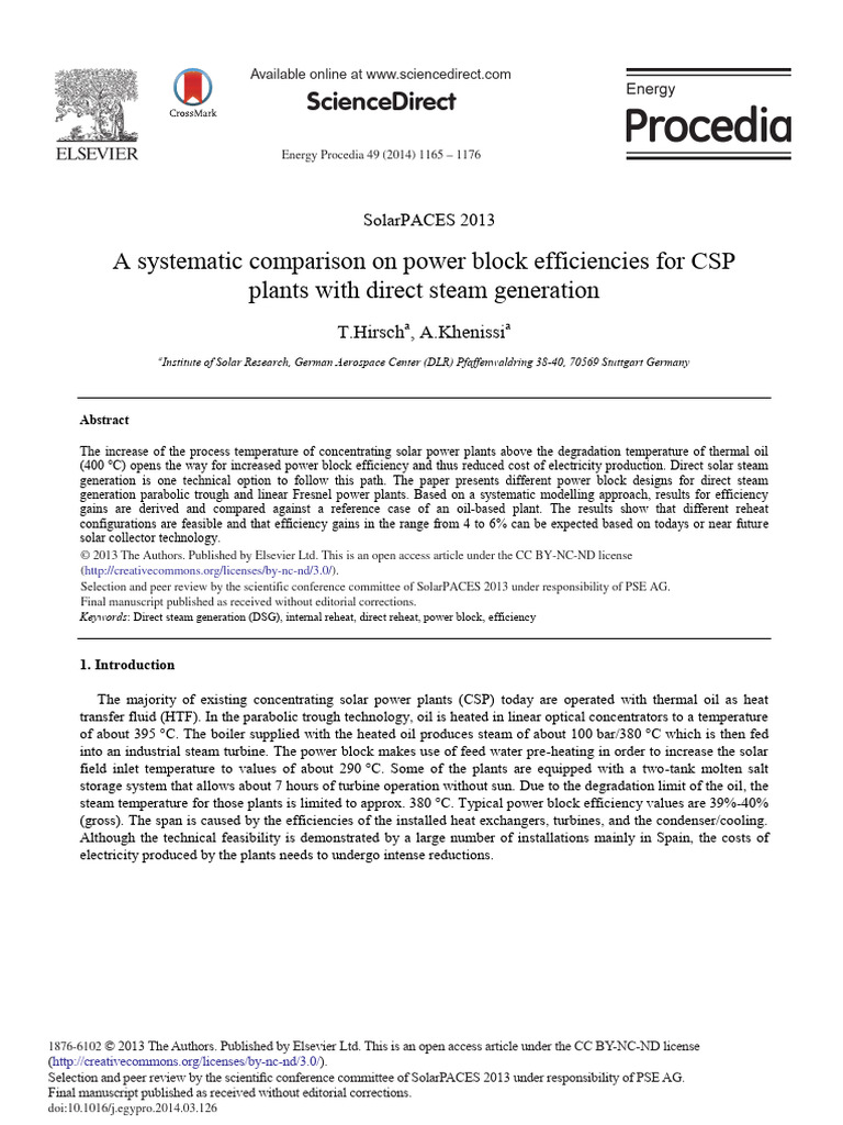 A Systematic Comparison On Power Block Efficiencies For CSP Plants With ...