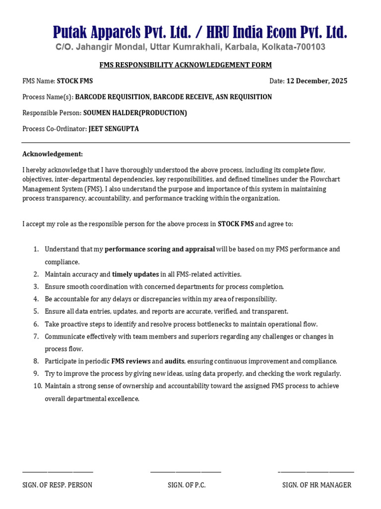 Fms Responsibility Acknowledgement Form | PDF