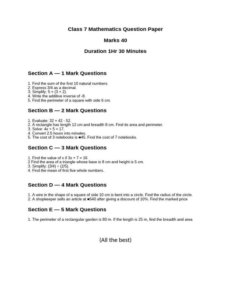 Class 7 Mathematics Question Paper | PDF