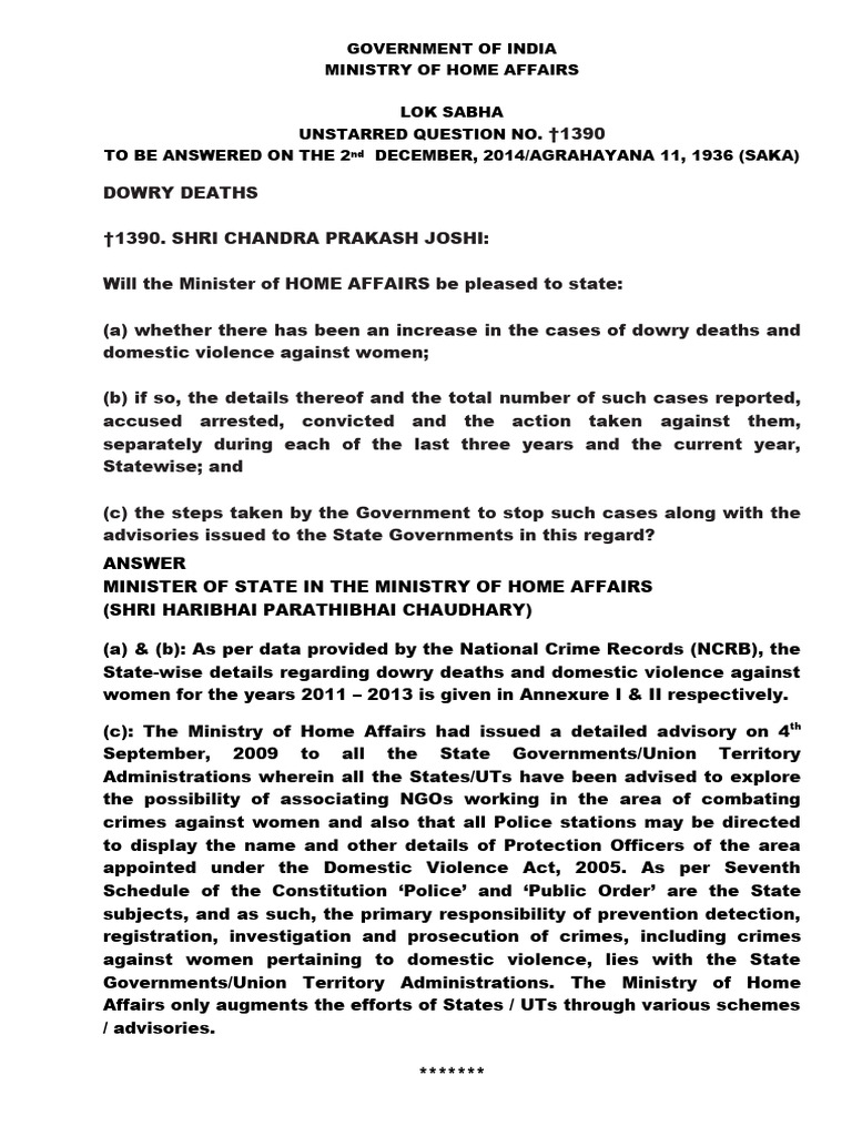 Government of India Ministry of Home Affairs Lok Sabha Unstarred ...