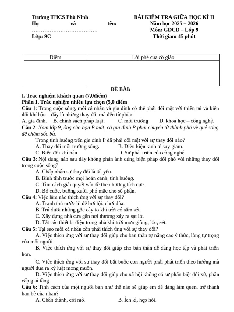 ĐỀ GK 2 GDCD 9 | PDF