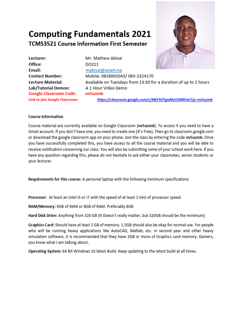 Computing Fundamentals 2021 Course Information | PDF
