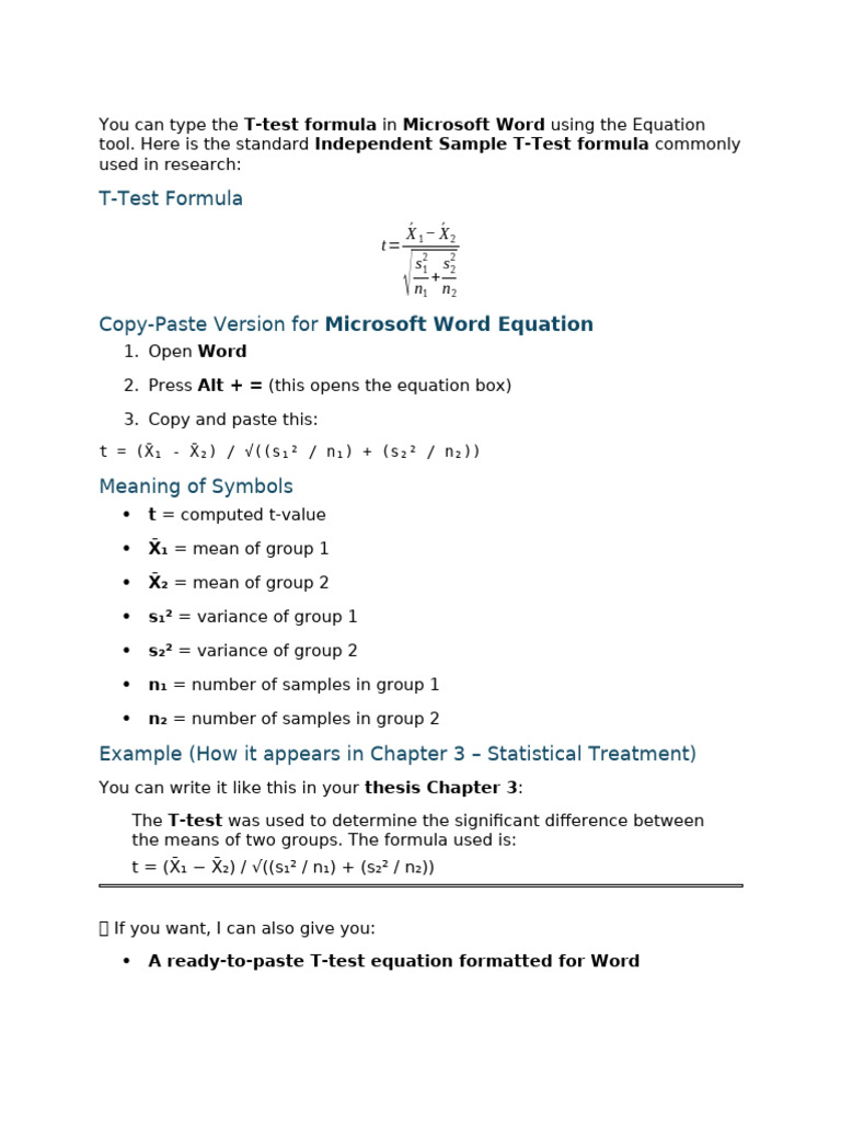 T-Test Formula in Word | PDF