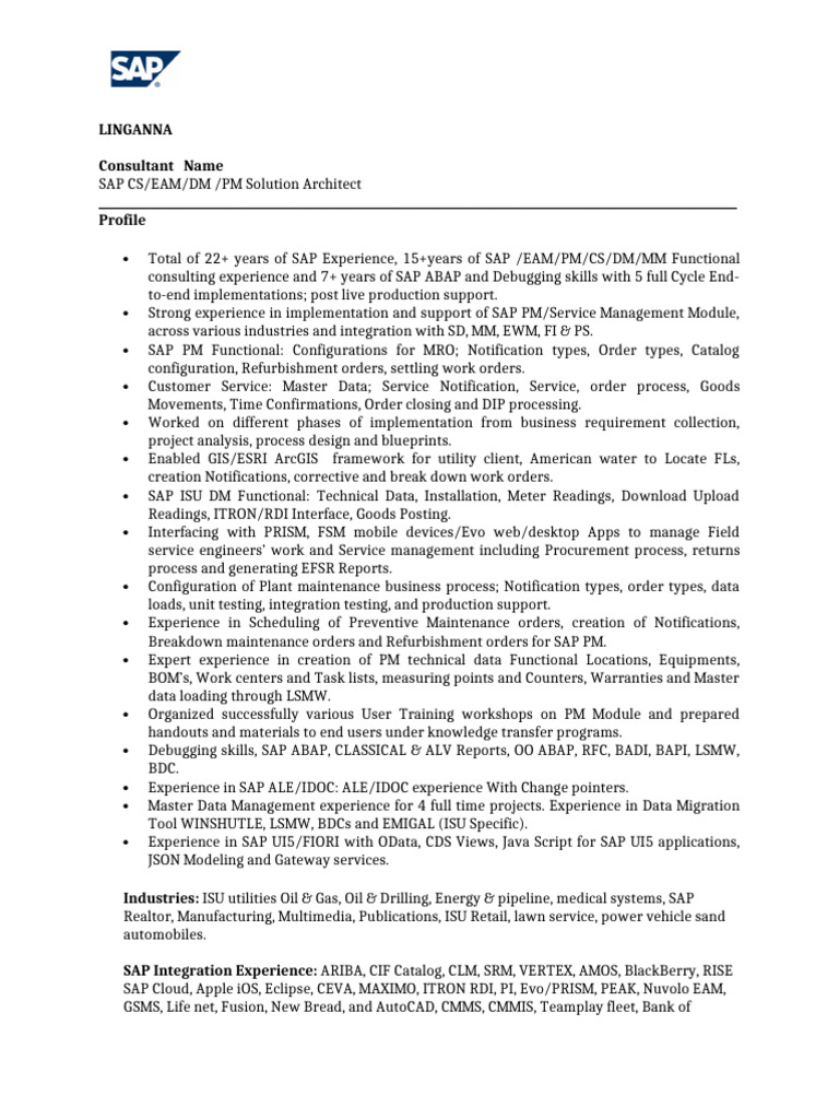 Linganna SAP EAM PM CS S4HANA Solution Architect ABAP | PDF
