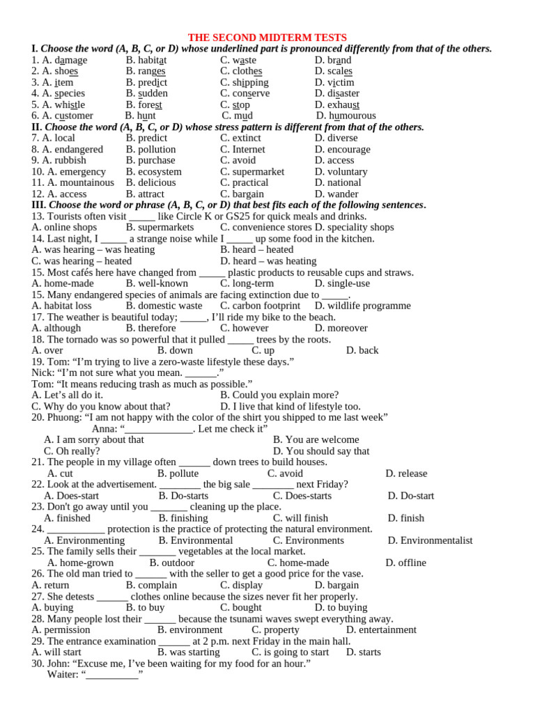 (Hs) - the Second Midterm Tests - Test+ Đề | PDF