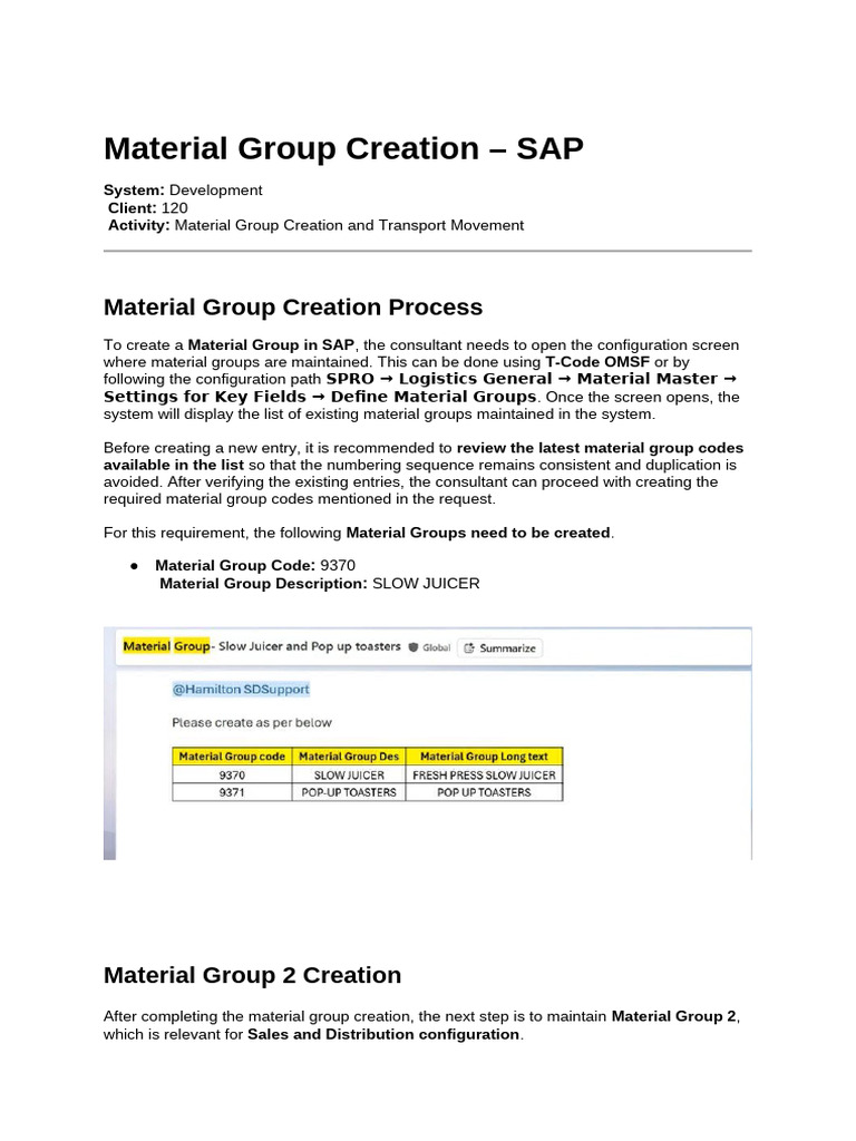 Material Group Creation - SAP-Hamilton | PDF