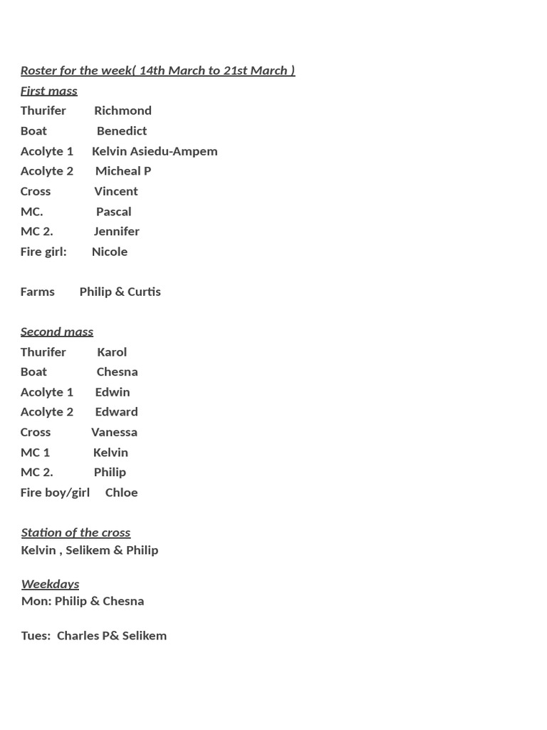 Roster For The Week (14th To 21st March J2026) | PDF