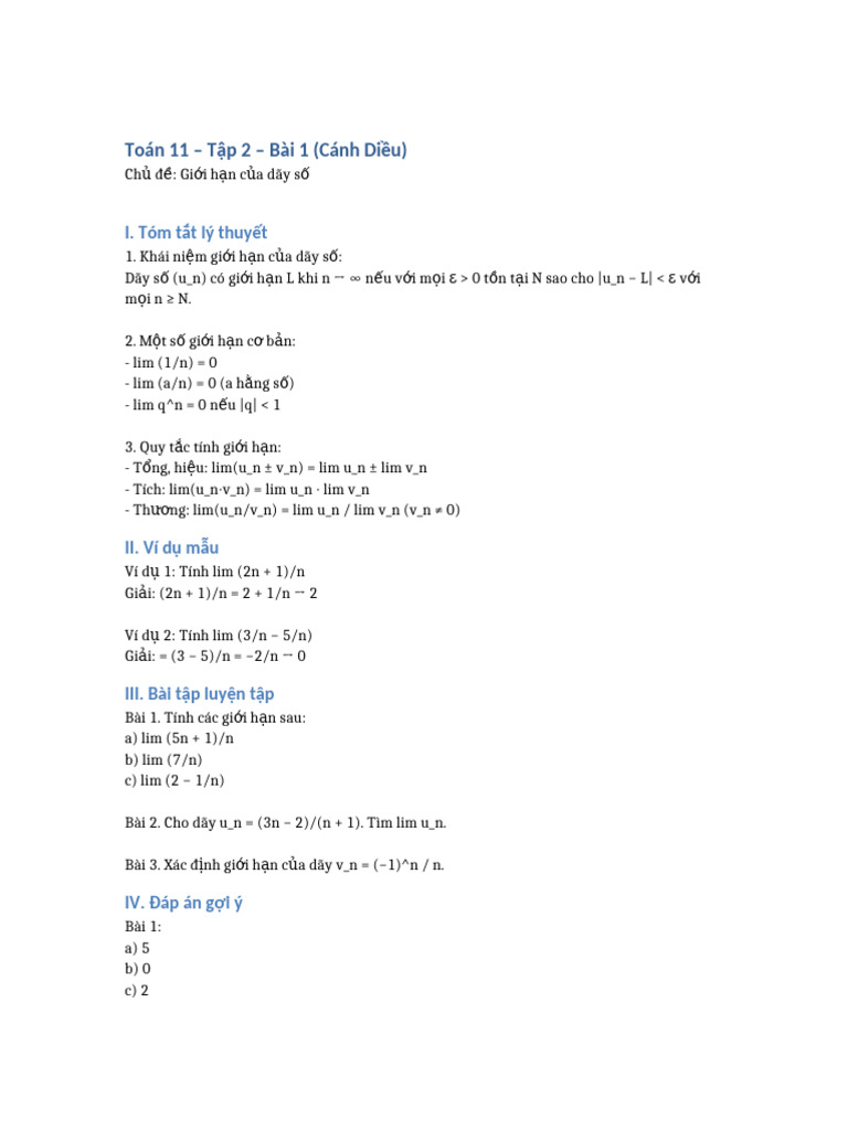 On Tap Toan 11 Tap 2 Bai 1 Canh Dieu 2 | PDF