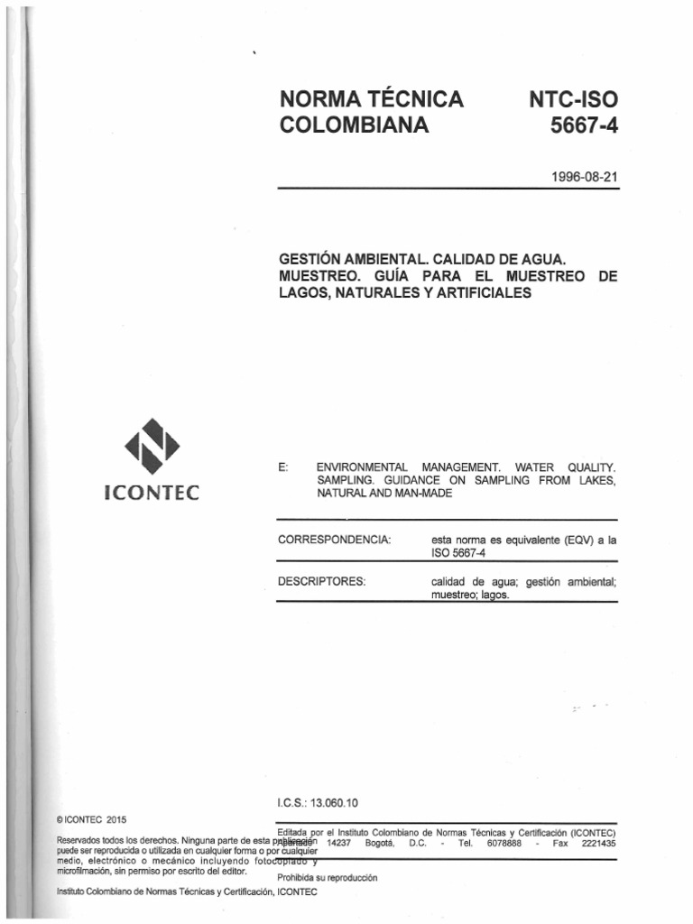 NTC ISO 5667-4 Muestreo de Lagos, Naturales y Artificiales | PDF