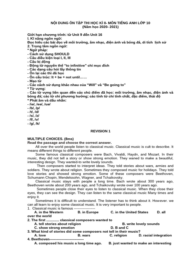 Đề Cương Ôn Tập Lớp 10 | PDF