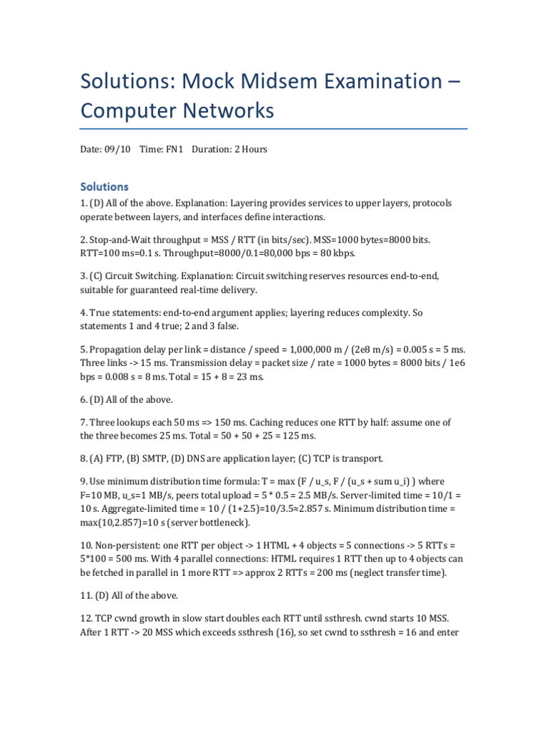 Mock Midsem Computer Networks Solutions | PDF