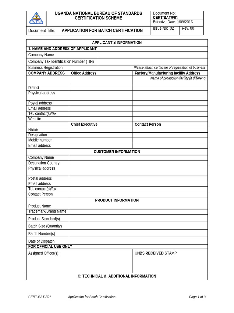 CERT-BAT-F01 Application For Batch Certification | PDF