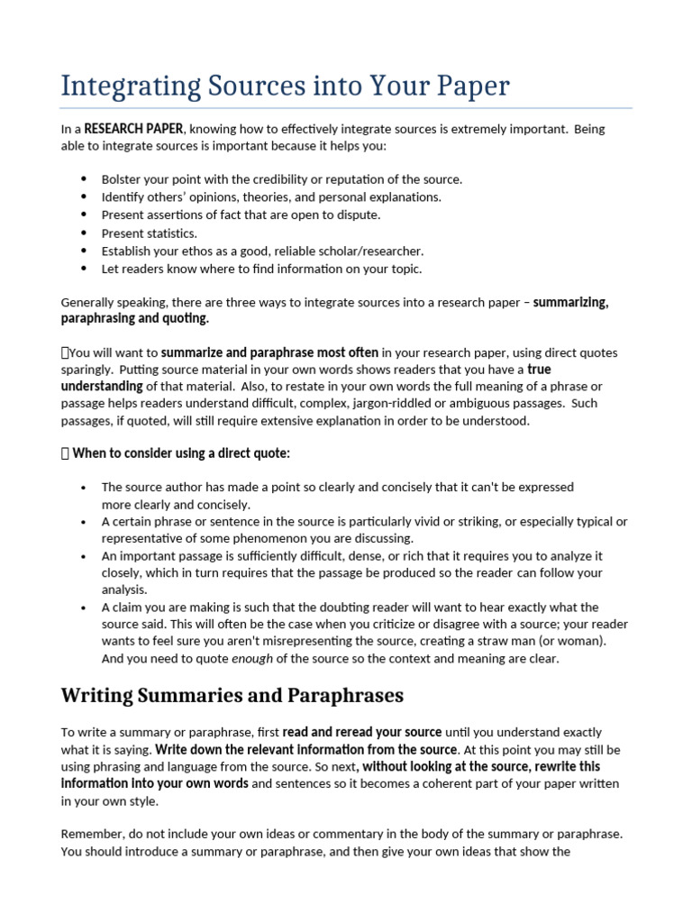 Integrating Sources Into Your Paper | PDF