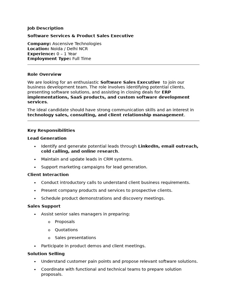 Job Description - Software Sales Fresher | PDF