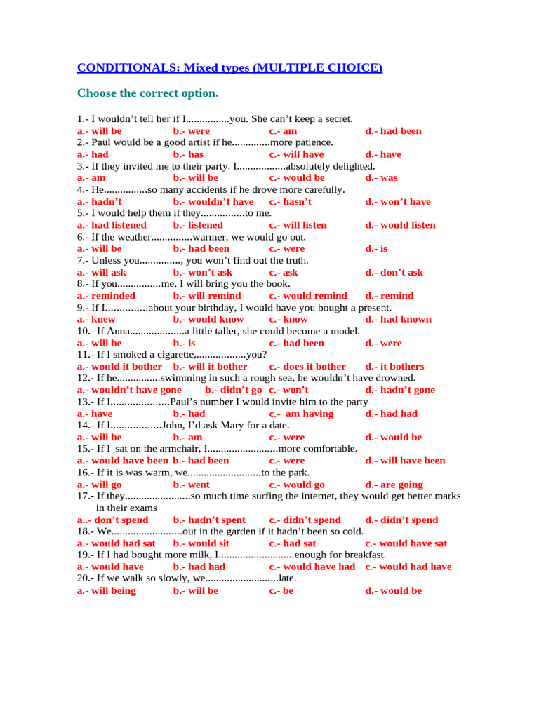 Revision of Conditionals Multiple Choice1 | PDF